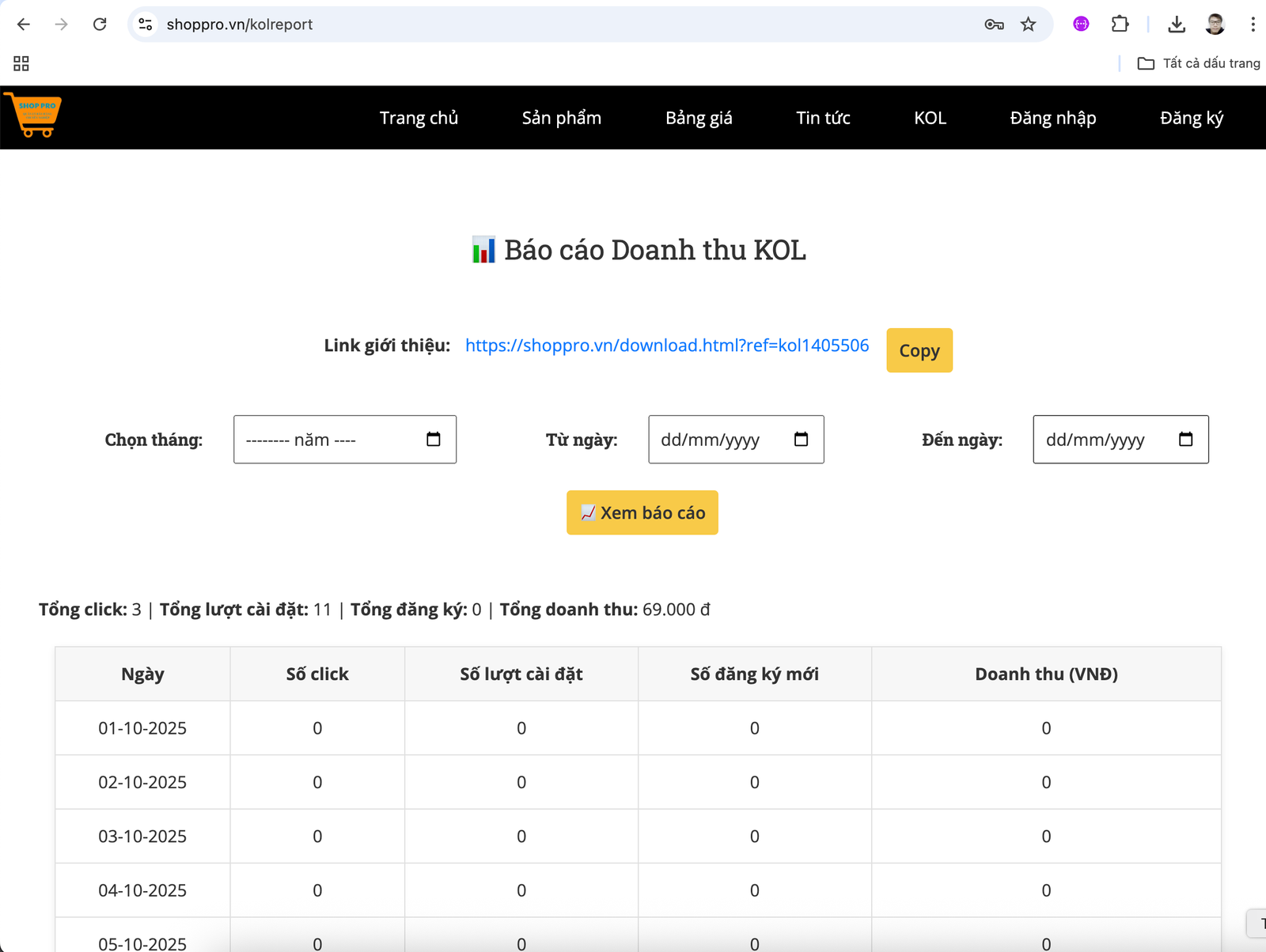 Báo cáo doanh thu Affiliate